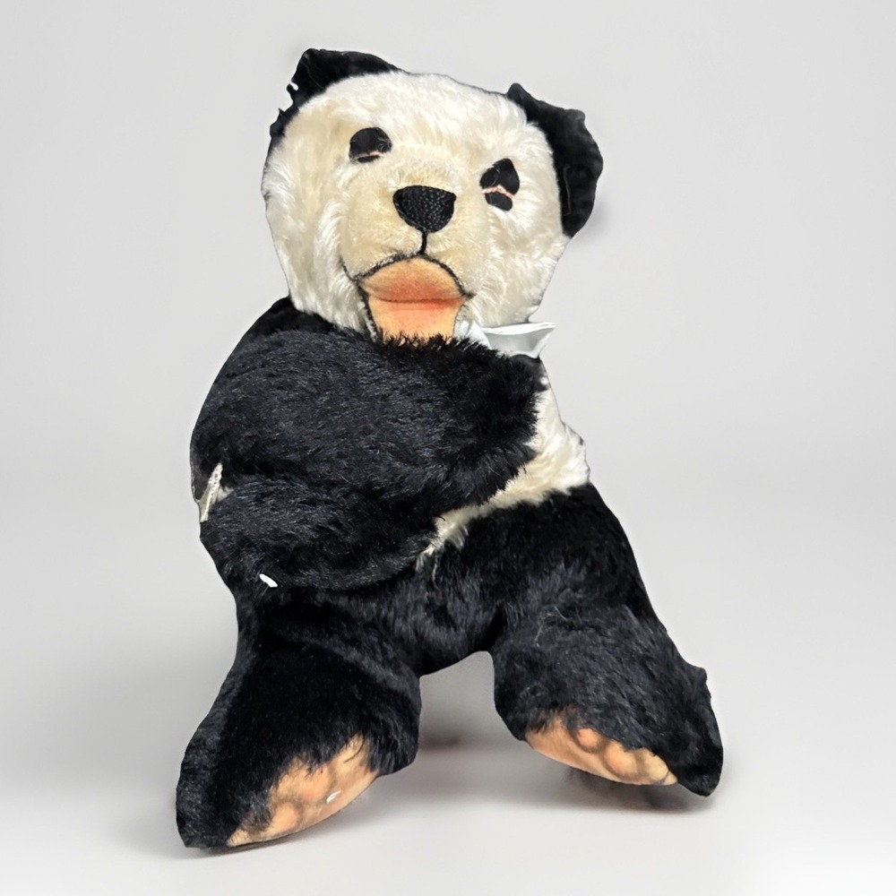 Vintage Steiff Floppy 8" baby Panda Stuffed Animal Plush with intact rattle Rare